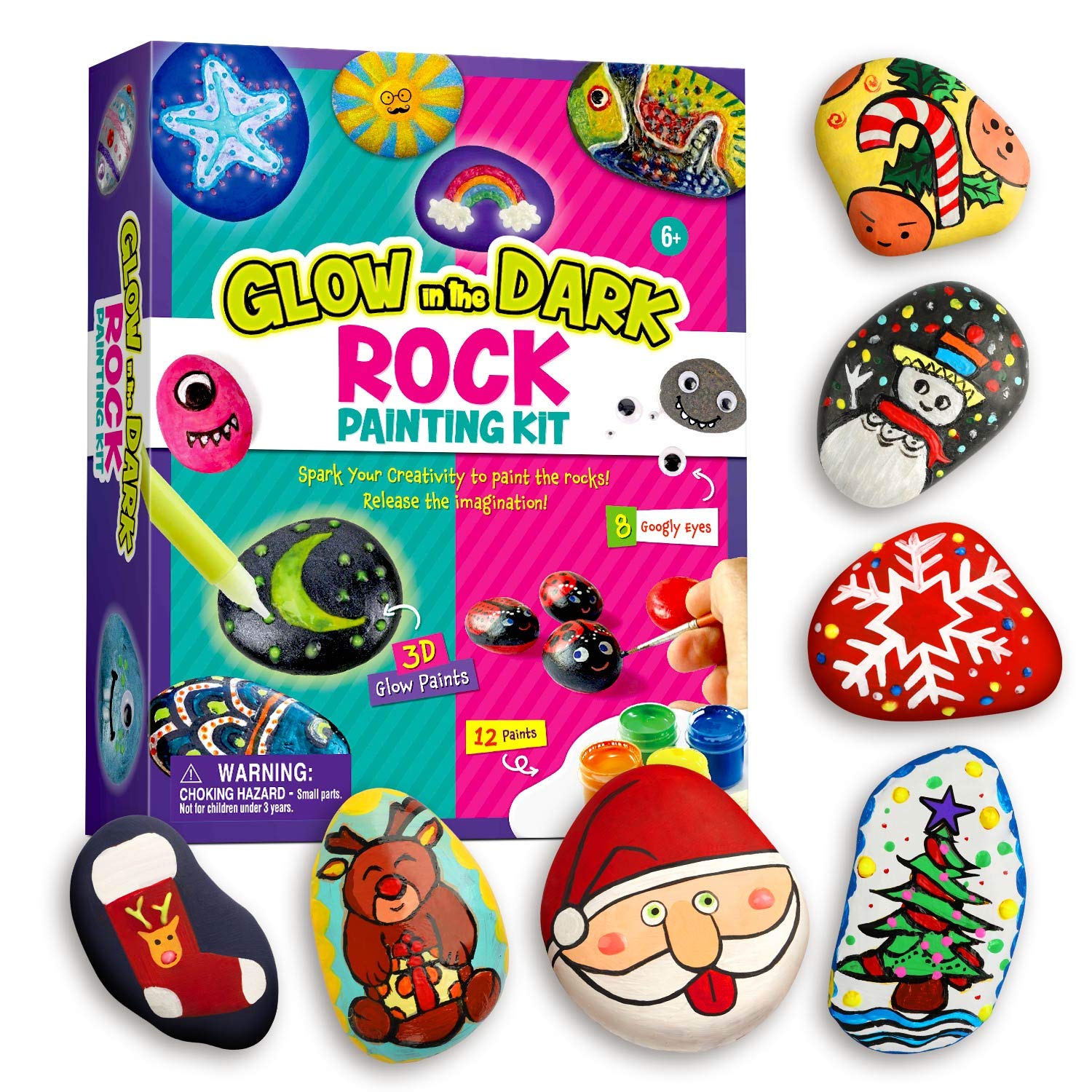  Kids Rock Painting Kit - Glow in The Dark - Arts & Crafts Gifts  for Boys and Girls Ages 4-12 - Craft Activities Kits - Creative Art Toys  for 4, 5